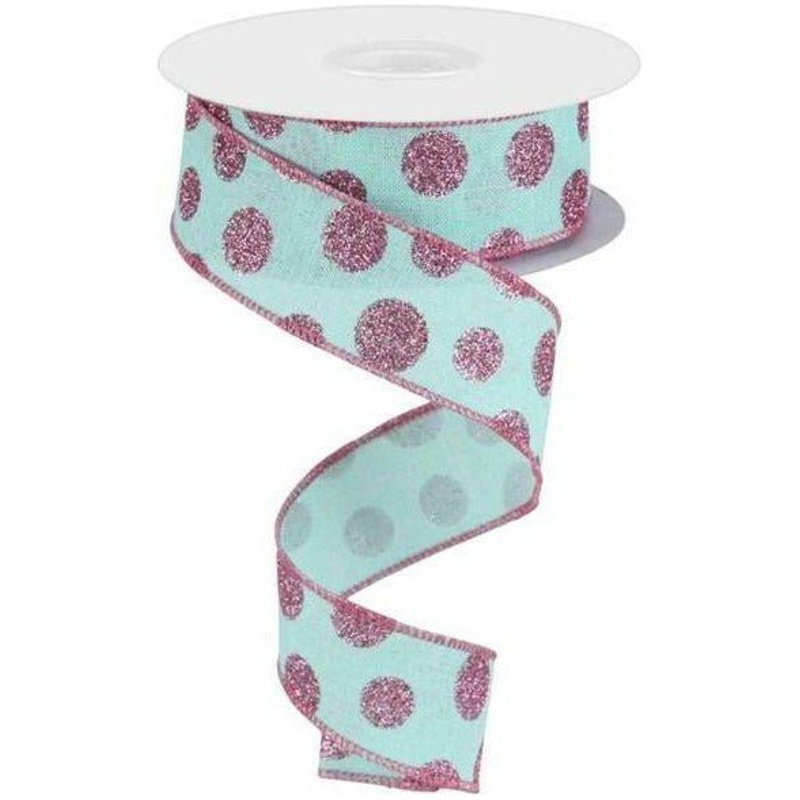 1.5″ Glitter Polka Dot Ribbon: Mint Green (10 Yards)