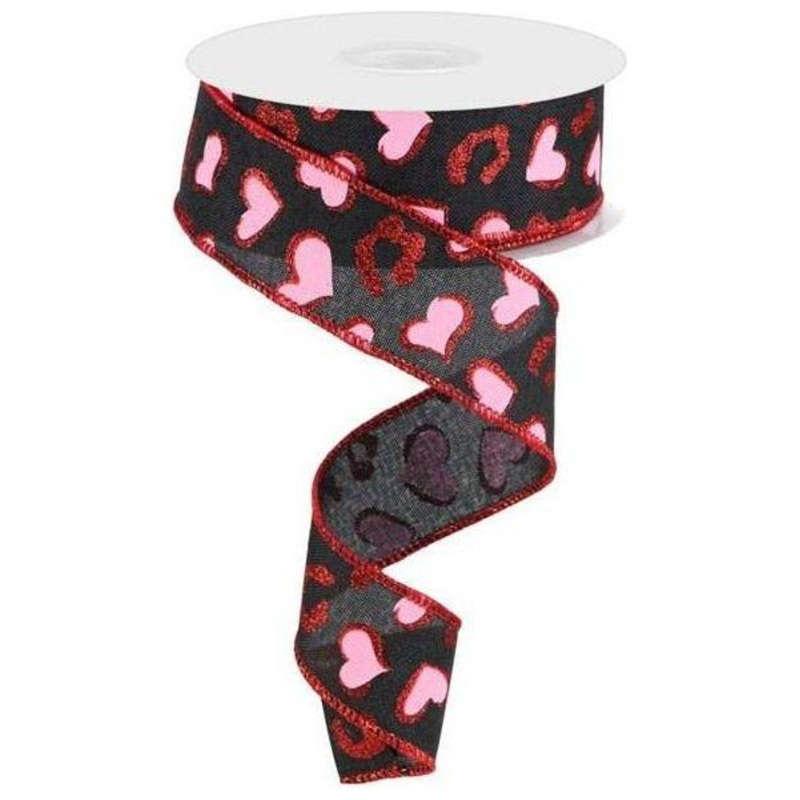 1.5″ Heart Leopard Spots Ribbon: Black (10 Yard)