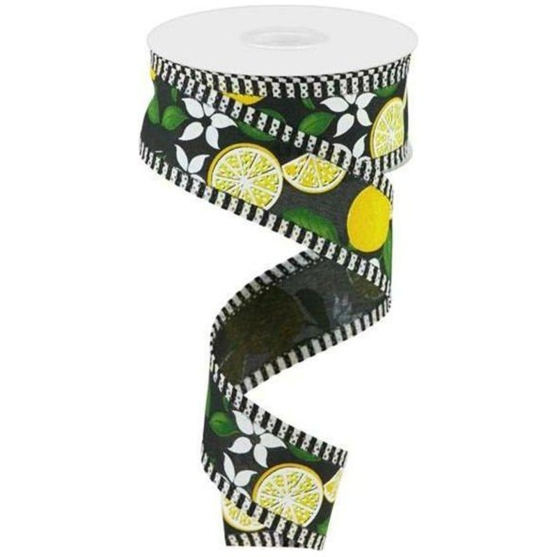 1.5″ Lemon Thin Stripes Ribbon: Black (10 Yards)
