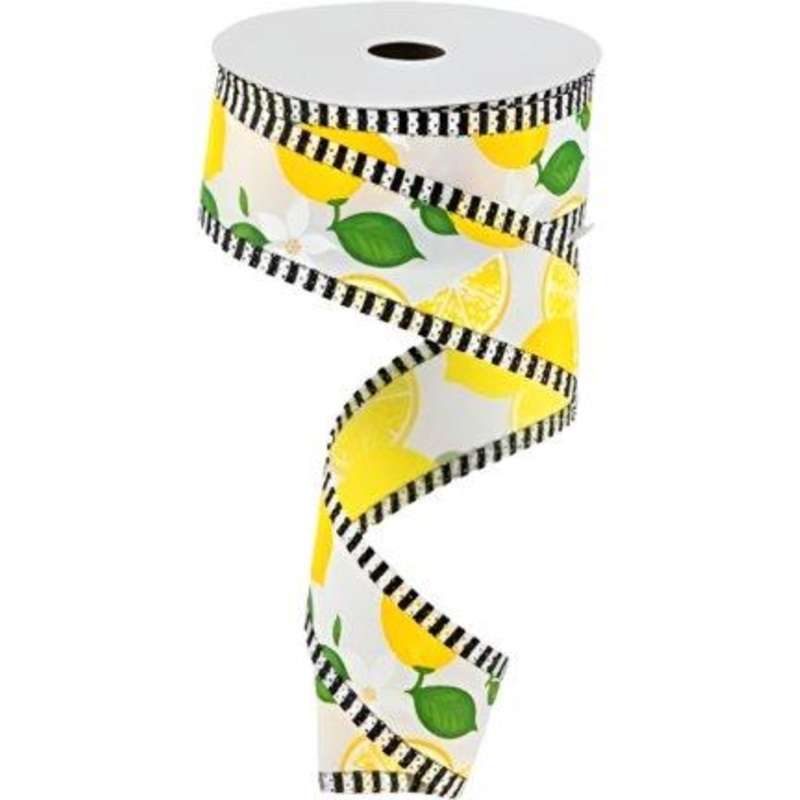 1.5″ Lemon Thin Stripes Ribbon: White (10 Yards)