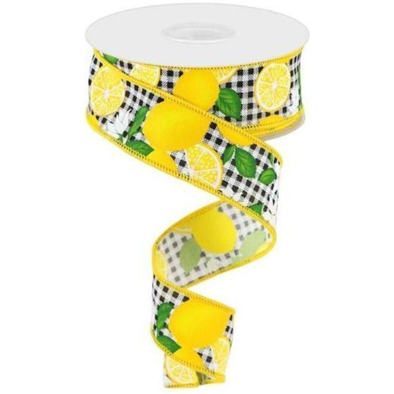 1.5″ Lemon with Leaves Check Ribbon: Black & White (10 Yards)