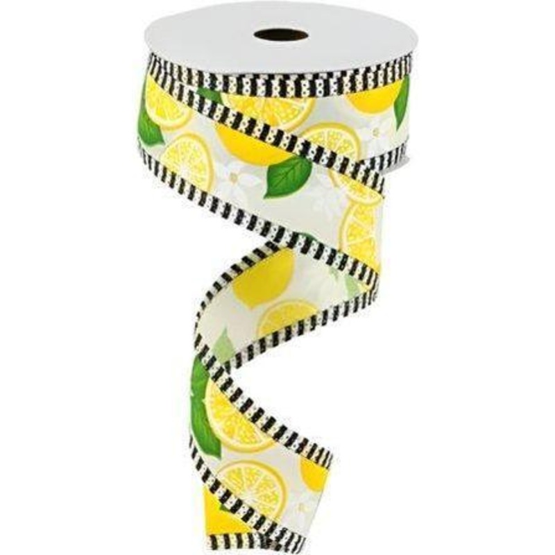 1.5″ Lemon with Leaves Thin Stripes Ribbon: Cream (10 Yards)