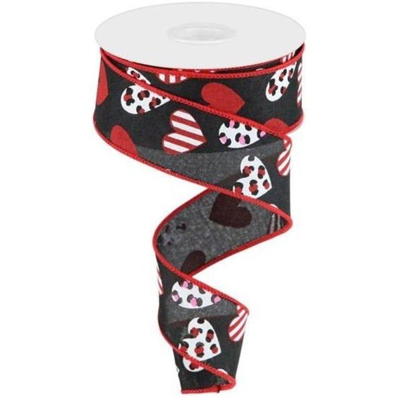 1.5″ Leopard Hearts Ribbon: Black (10 Yard)
