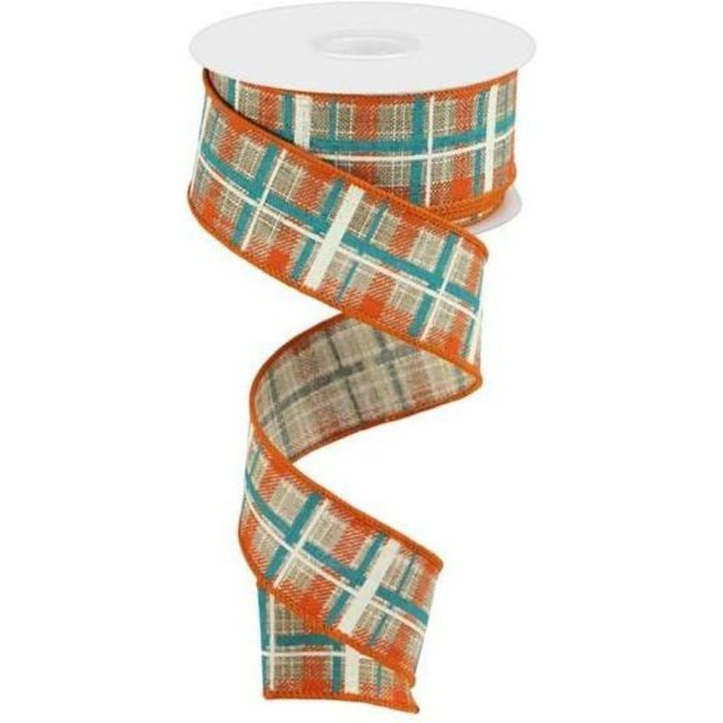 1.5″ Printed Plaid on Royal: Beige (10 Yards)