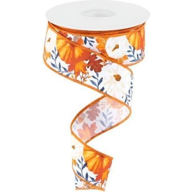1.5″ Pumpkin Foliage Ribbon: White/Navy (10 Yards)