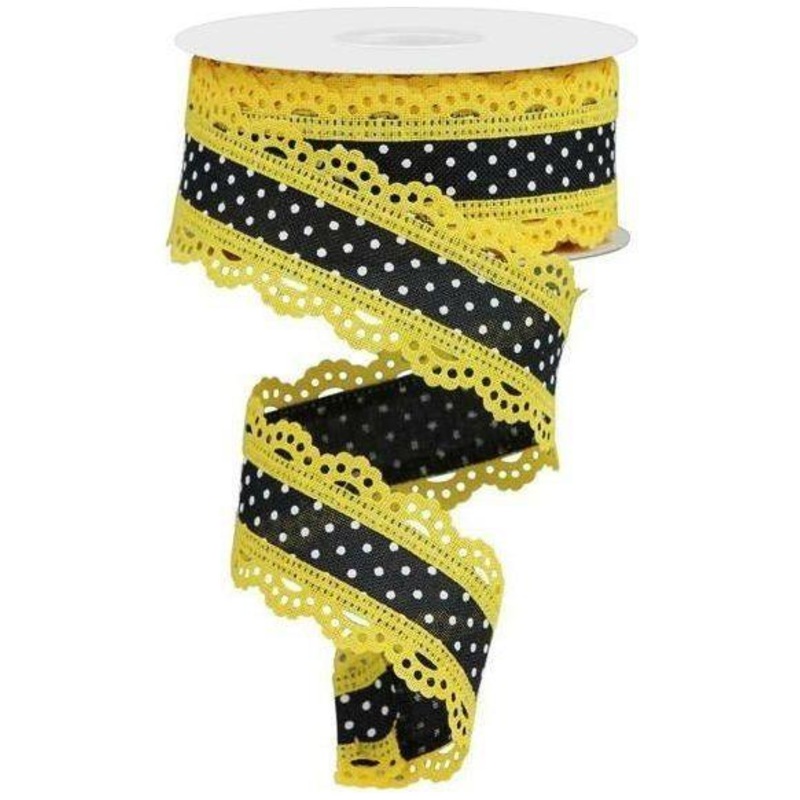 1.5″ Swiss Dots Lace Edge Ribbon: Black/Yellow (10 Yards)