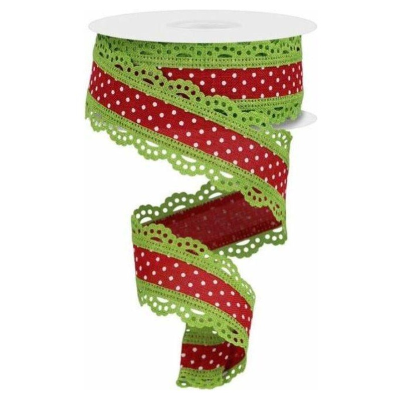 1.5″ Swiss Dots Lace Edge Ribbon: Red/Lime Green (10 Yards)