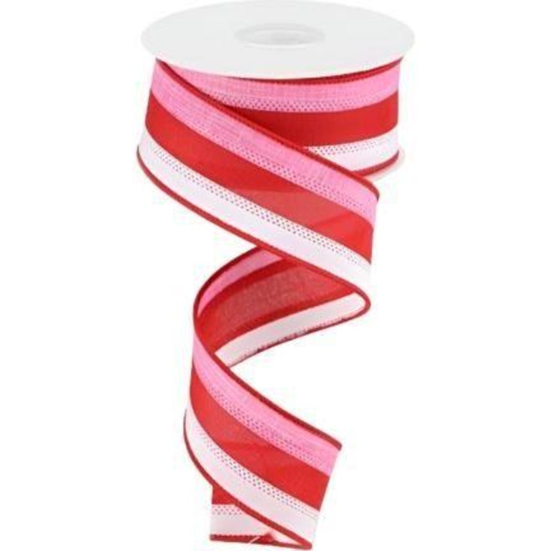 1.5″ Tricolor Striped Ribbon: White, Pink, and Red (10 Yards)