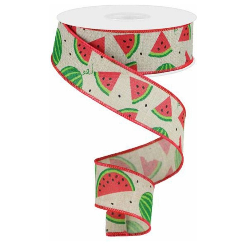 1.5″ Watermelon Slices Canvas Ribbon: Natural (10 Yards)
