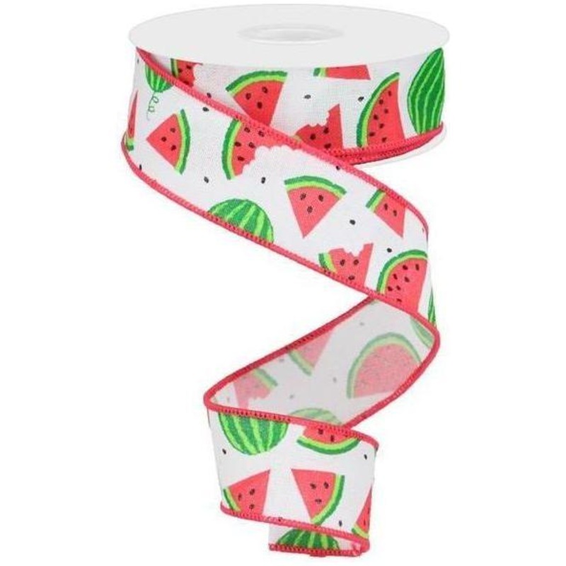1.5″ Watermelon Slices Canvas Ribbon: White (10 Yards)