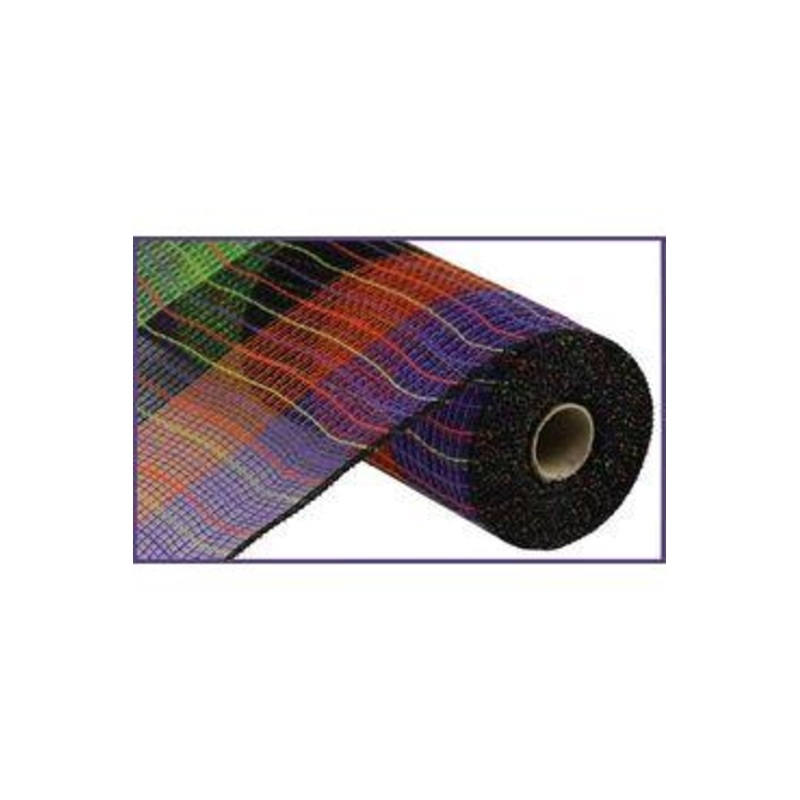 10.25″ Faux Jute Wide Stripe Mesh Ribbon: Purple/Green/Black/Orange (10 Yards)