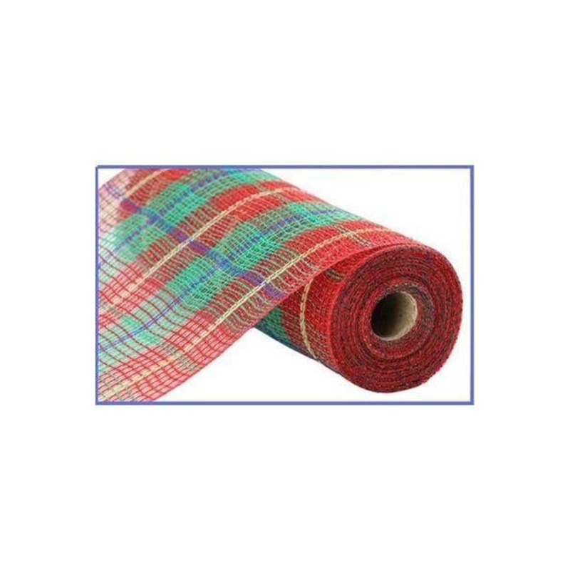 10.5″ Faux Jute Plaid Mesh Ribbon: Red/Green/Blue (10 Yards)