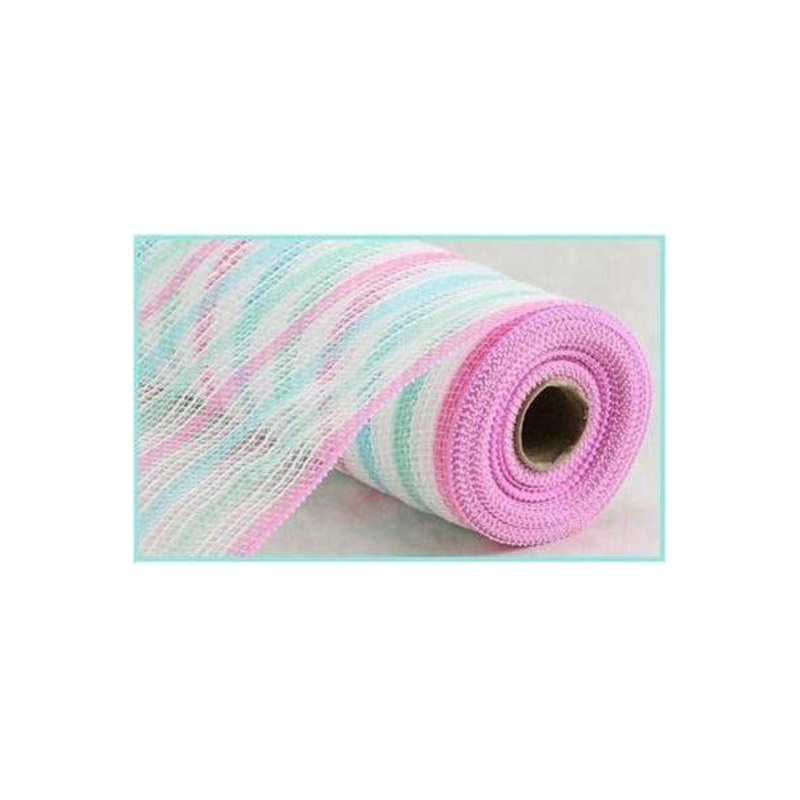 10.5″ Faux Jute Stripe Mesh Ribbon: Blue, Mint, Pink, White (10 Yards)