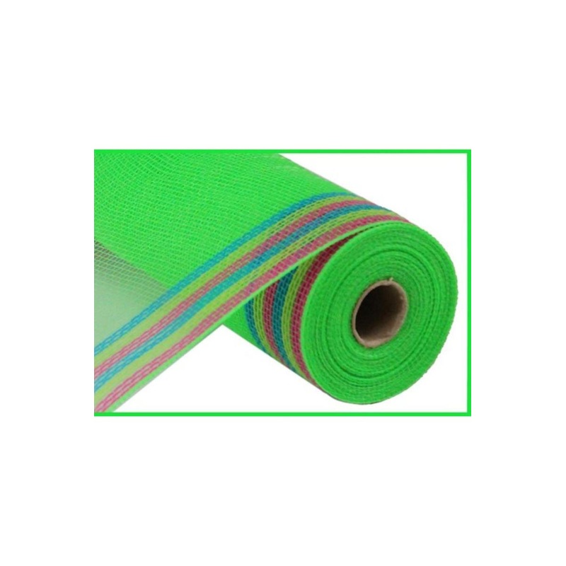 10″ Border Stripe Mesh Ribbon: Lime, Hot Pink, Fresh Green, Turquoise