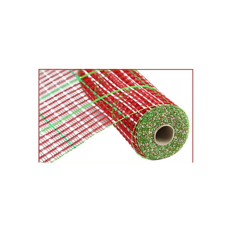10″ Window Pane Poly Deco Mesh Ribbon: Metallic Christmas Check (10 Yards)