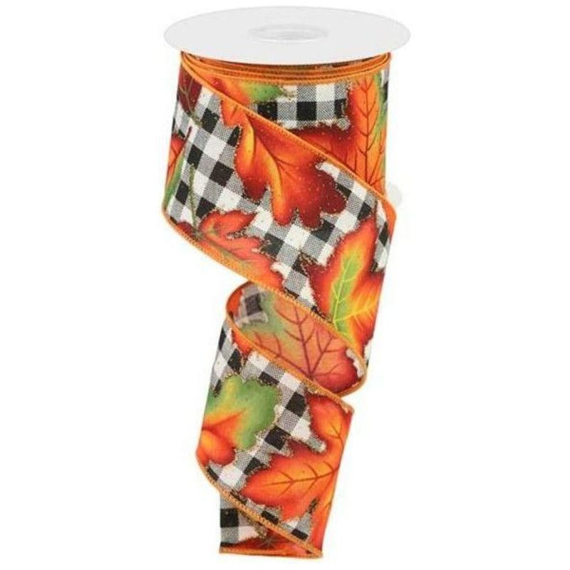 2.5″ Autumn Leaves Check Ribbon: White/Black (10 Yards)