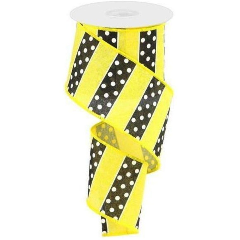 2.5″ B & W Polka Dot Stripes Ribbon: Sun Yellow (10 Yards)