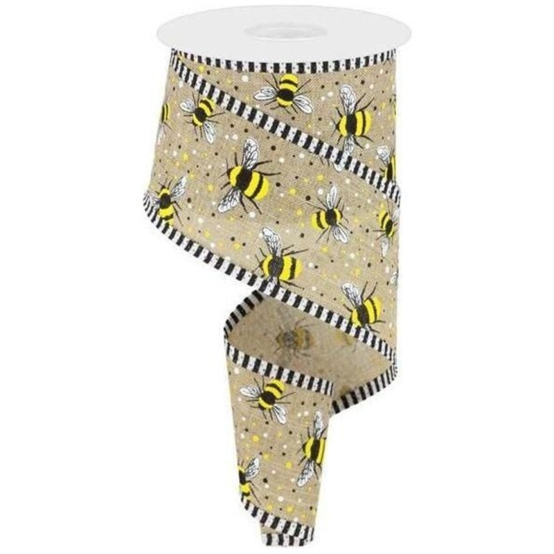 2.5″ Bumble Bee Royal Stripe Ribbon: Beige (10 Yards)