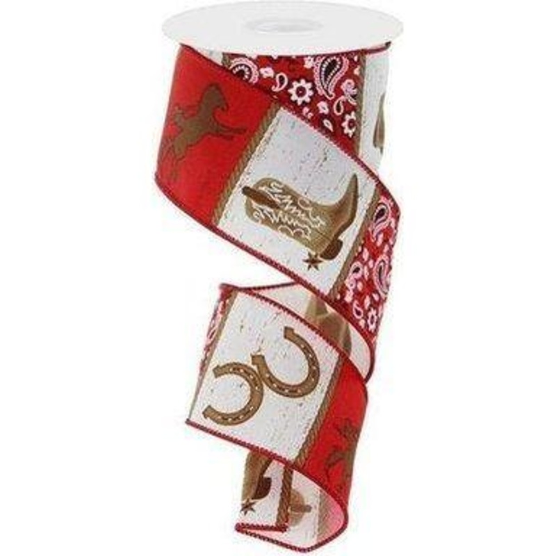 2.5″ Cowboy Blocks Bandana Ribbon: White  (10 Yards)