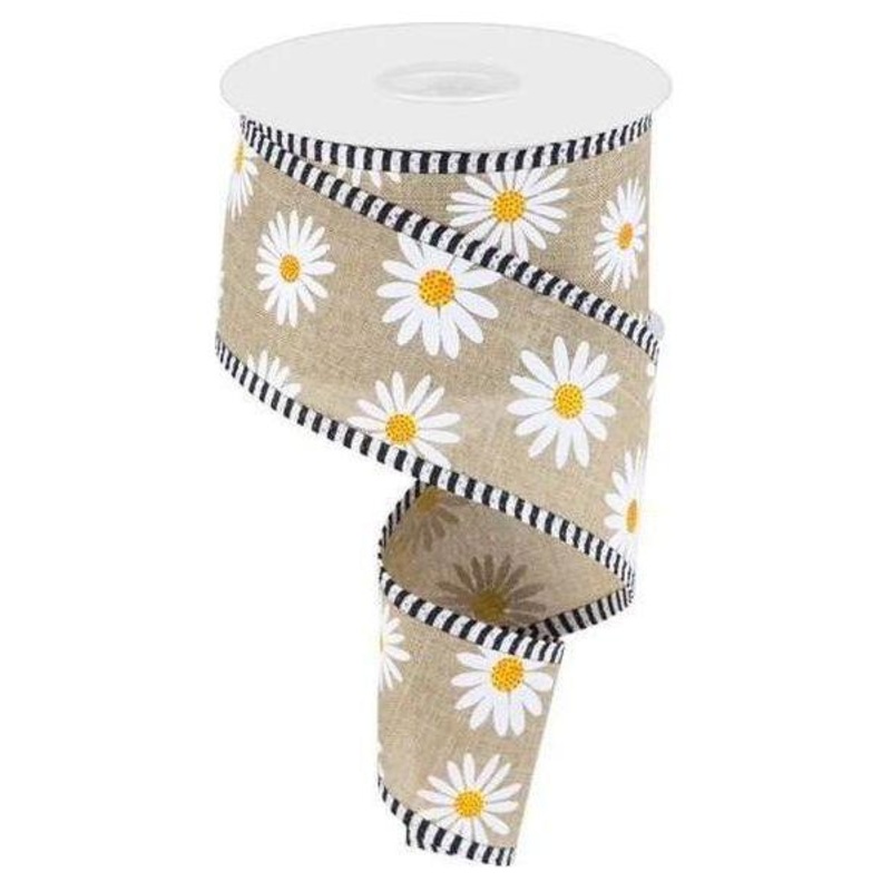2.5″ Daisy Stripe Royal Ribbon: Light Beige (10 Yards)
