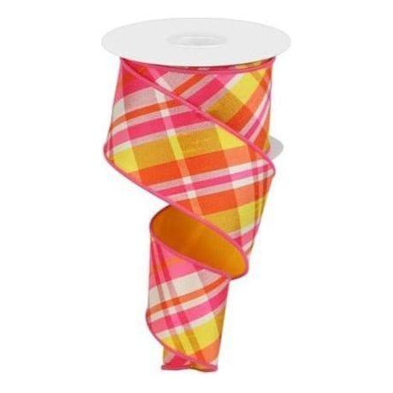 2.5″ Diagonal Plaid Fused Ribbon: Hot Pink/Yellow (10 Yards)