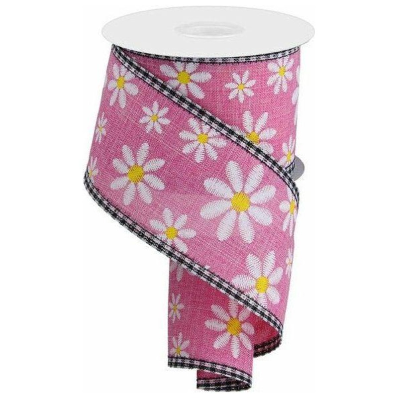 2.5″ Embroidered Daisy Check Ribbon: Pink (10 Yards)