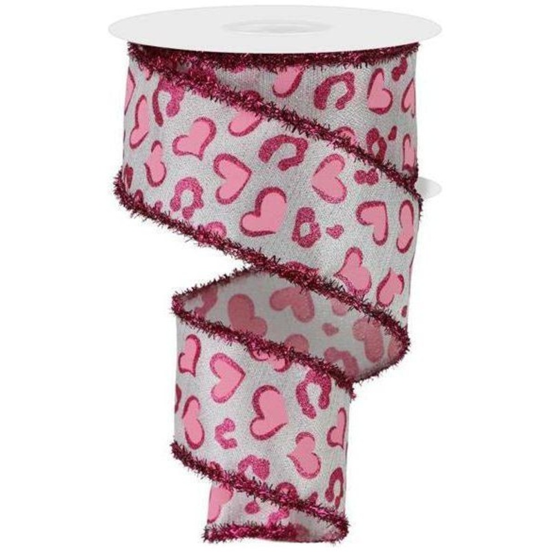 2.5″ Heart Leopard Tinsel Edge Ribbon: White (10 Yards)