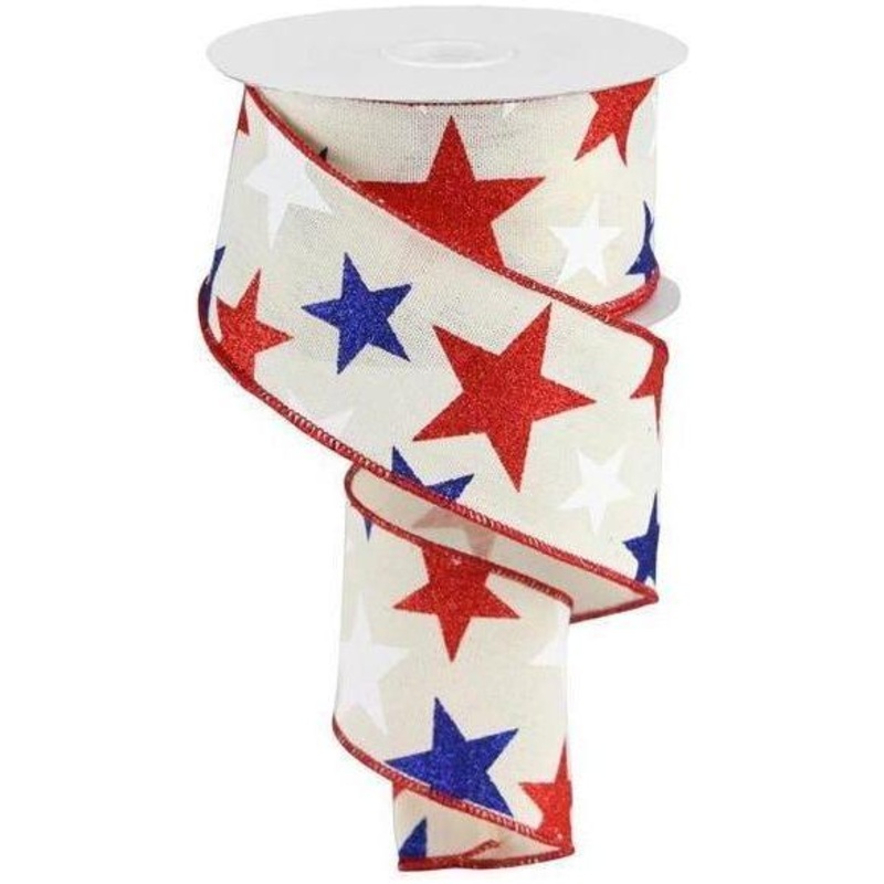 2.5″ Ivory Cotton Ribbon: Patriotic Stars (10 Yards)
