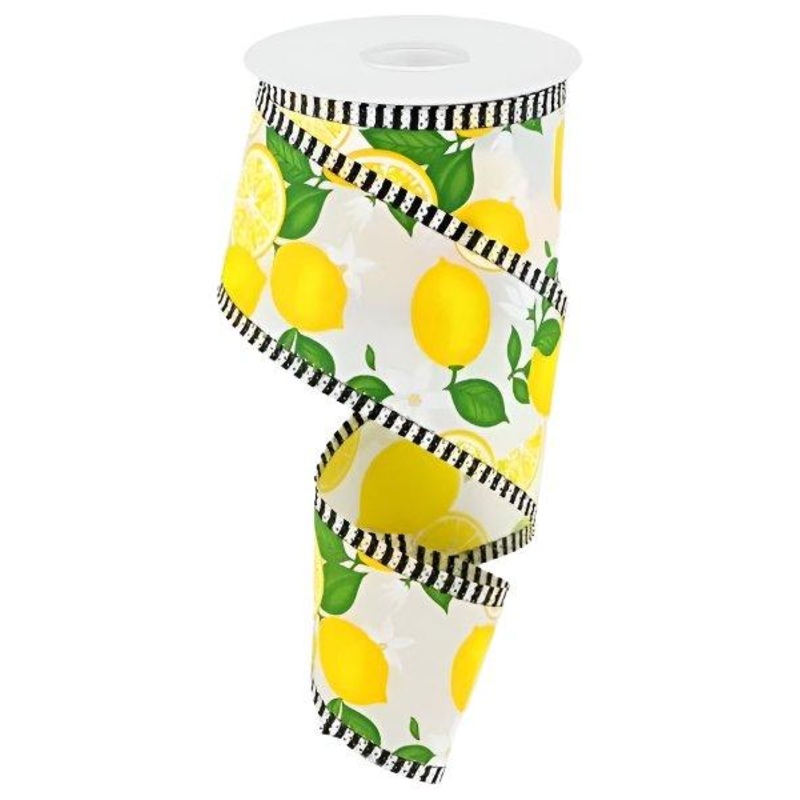 2.5″ Lemon with Leaves Thin Stripes Ribbon: White (10 Yards)