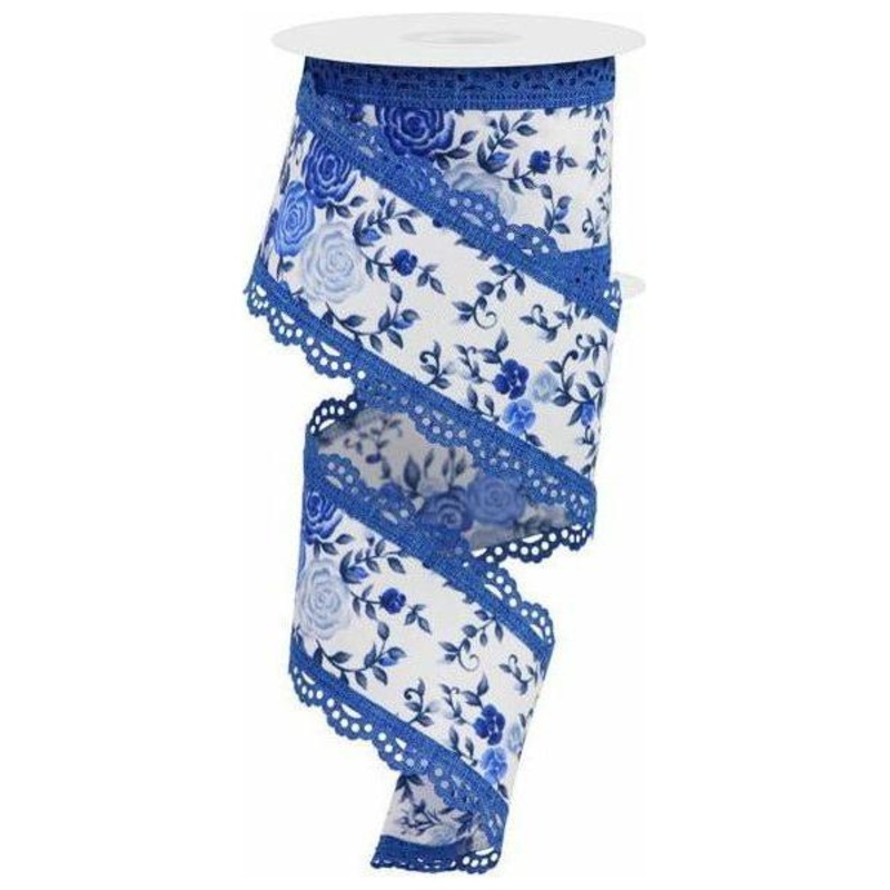 2.5″ Mini Roses and Lace Ribbon: Blue (10 Yards)