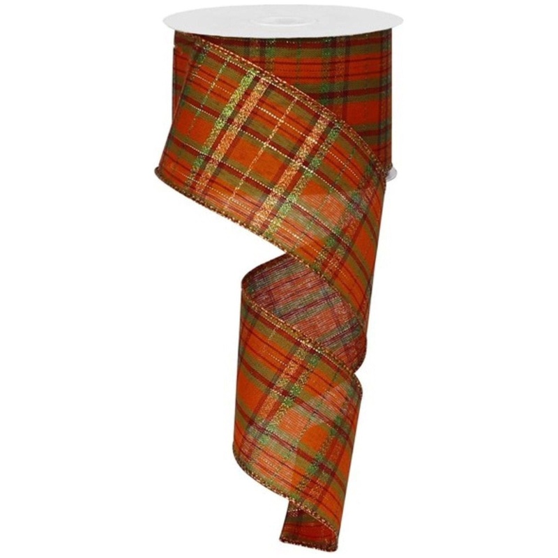 2.5″ Orange Metallic Plaid Ribbon: Moss, Burgundy, Orange, Lime (10 Yards)