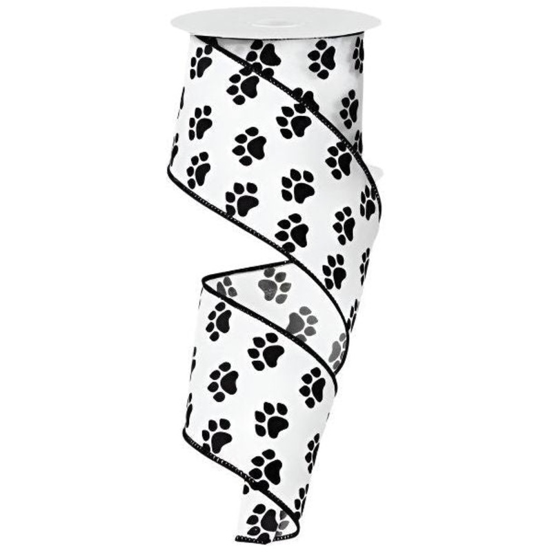 2.5″ Satin Paw Print Ribbon: Black & White (10 Yards)