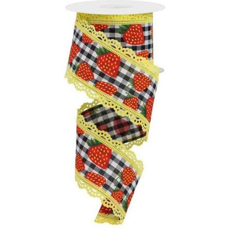 2.5″ Strawberries Check Lace Ribbon: Black & White (10 Yards)