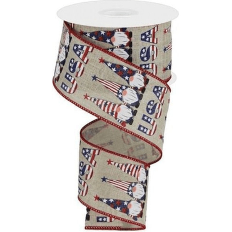 2.5″ USA Patriotic Gnome Ribbon: Natural (10 Yards)