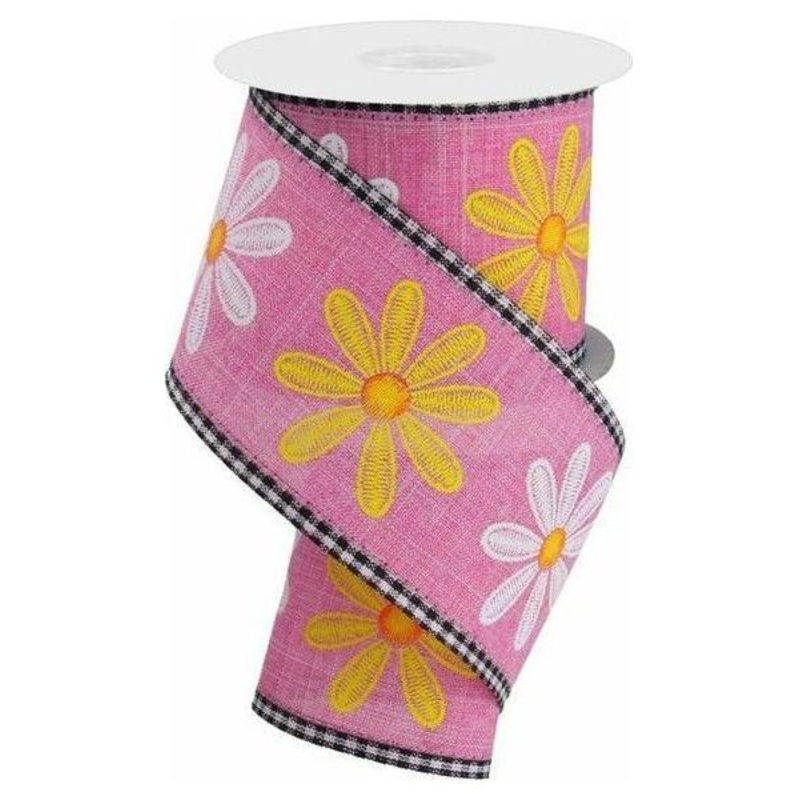 2.75″ Embroidered Mixed Daisy Ribbon: Pink (10 Yards)