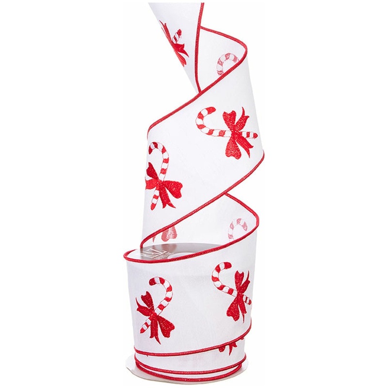 4″ Candy Cane Embroidered Ribbon: Red (10 Yards)