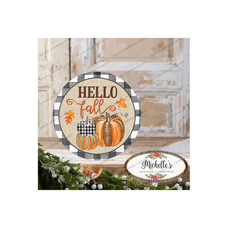 Hello Fall Leopard Pumpkins Black Plaid Sign