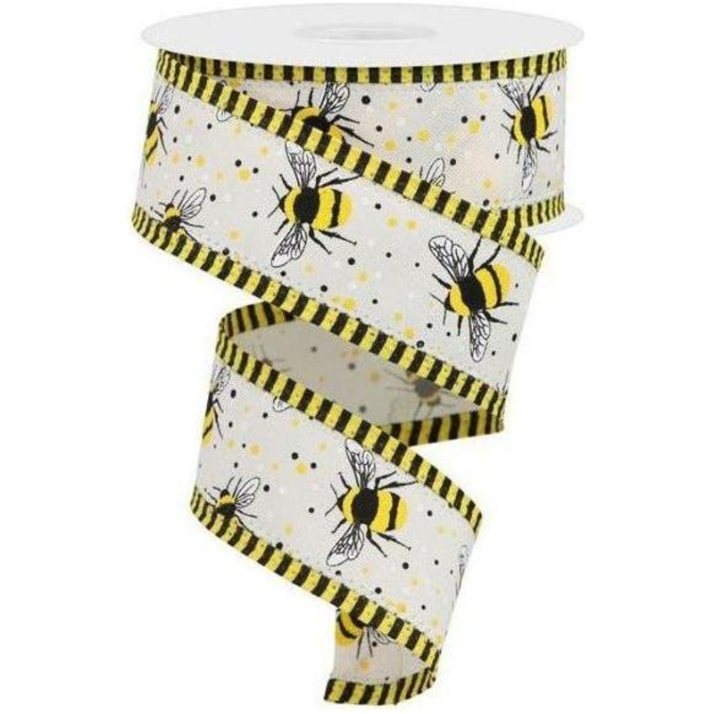 1.5″ Bumble Bee Stripe Edge Ribbon: Ivory (10 Yards)