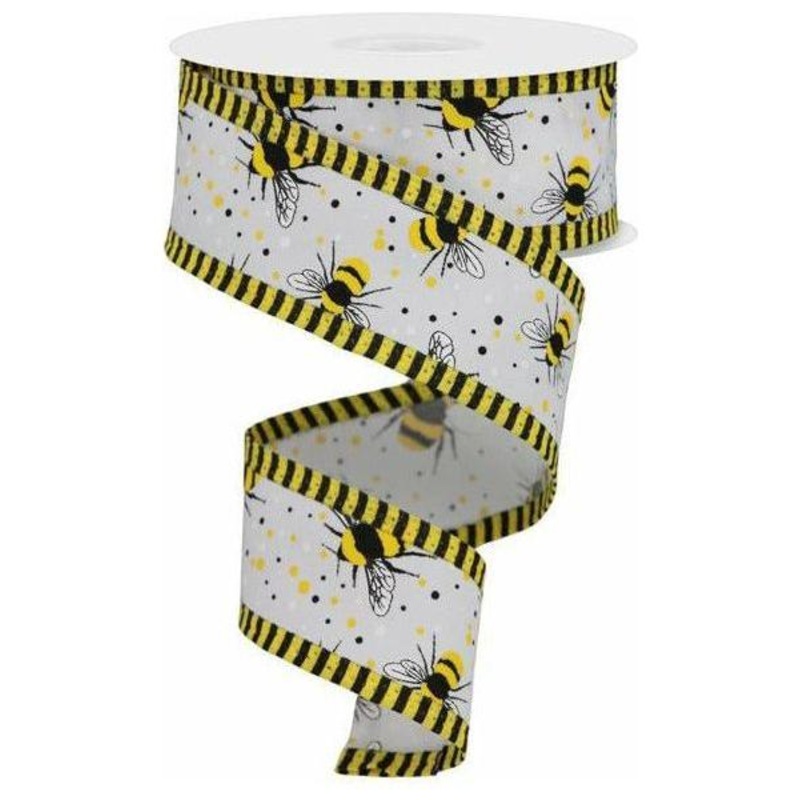 1.5″ Bumble Bee Stripe Edge Ribbon: White (10 Yards)