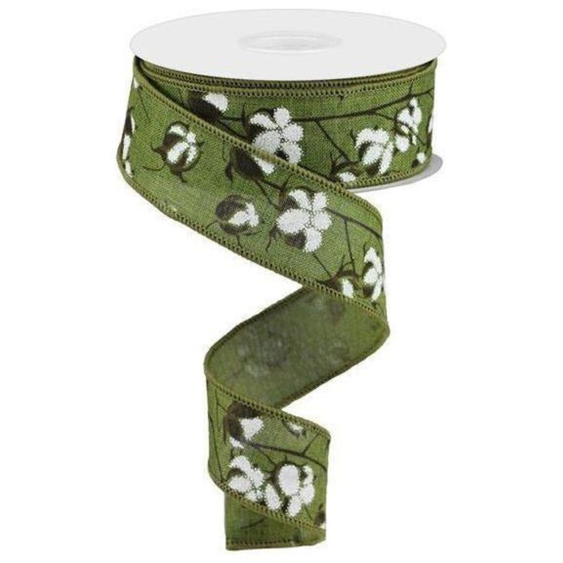 1.5″ Cotton Pod Ribbon: Moss Green & White (10 Yards)