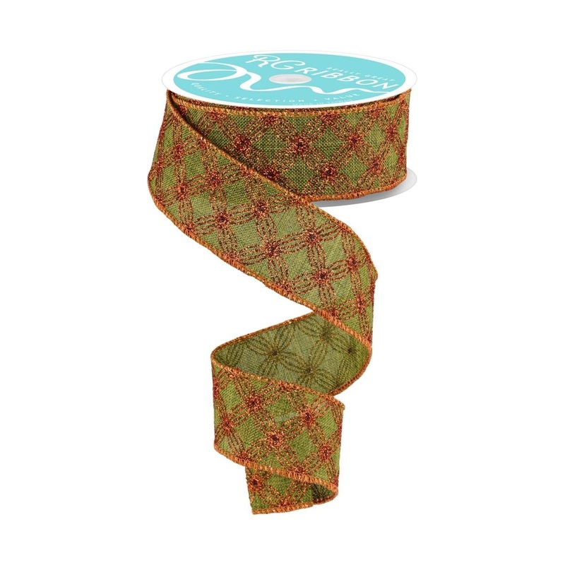 1.5″ Multi Circles and Dots Ribbon: Green/Copper (10 Yards)