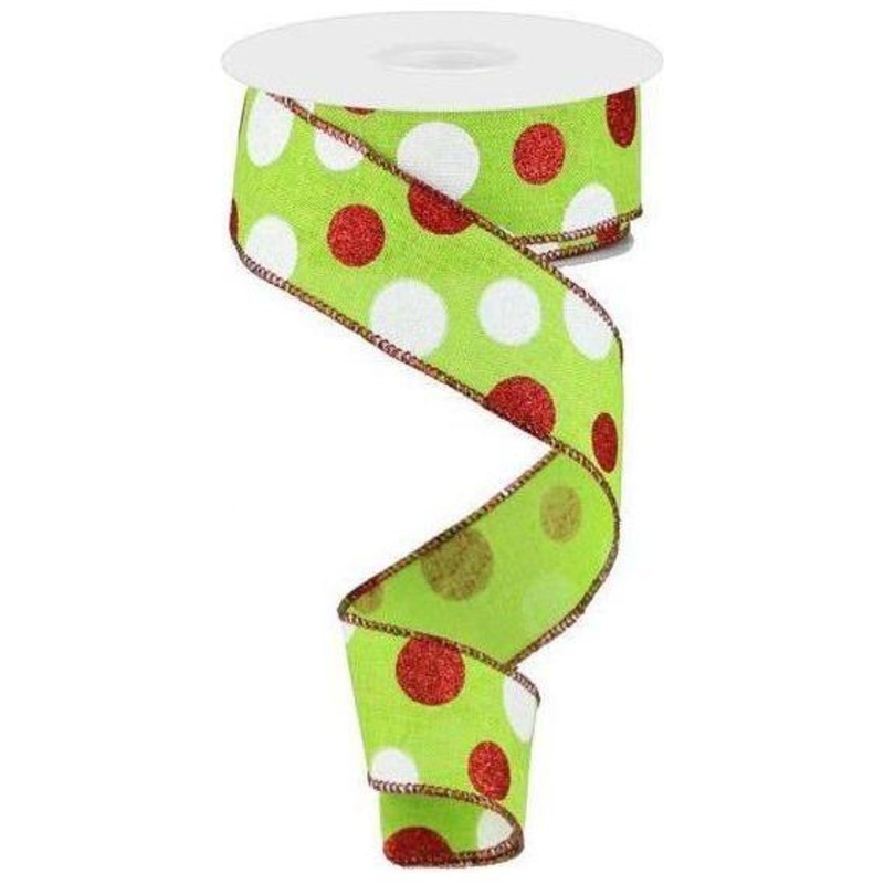1.5″ Multi Glitter Dots Ribbon: Lime Green, Red, White (10 Yards)