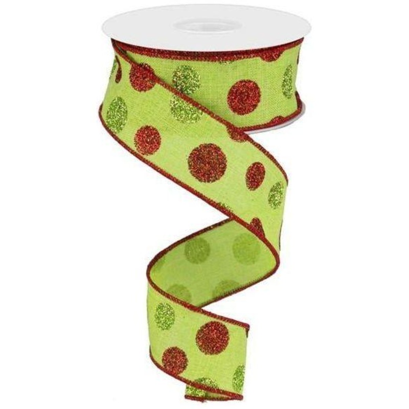 1.5″ Multi Glitter Dots Ribbon: Lime/Red/Green