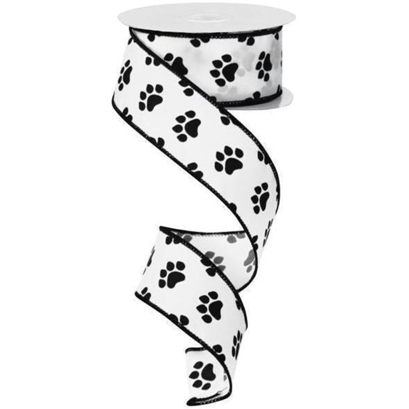 1.5″ Satin Paw Print Ribbon: Black & White (10 Yards)