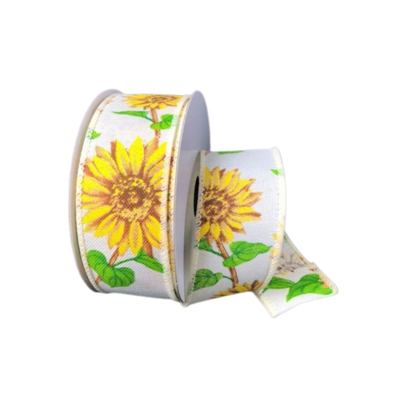 1.5″ Sunflowers Linen Ribbon: Ivory (10 Yards)