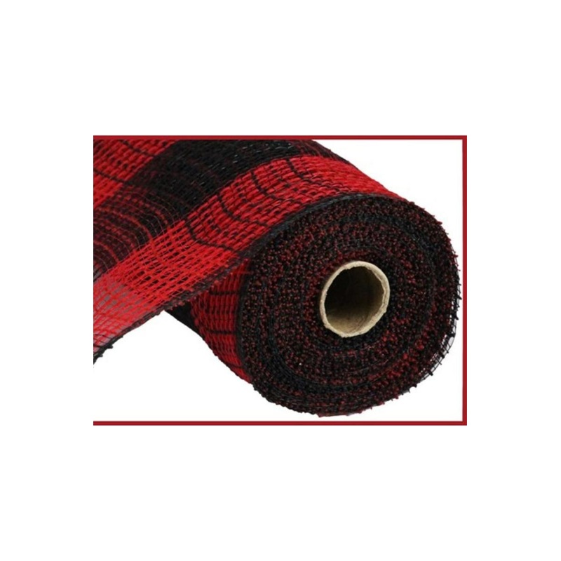 10.25″ Faux Jute Check Mesh Ribbon: Red & Black (10 Yards)