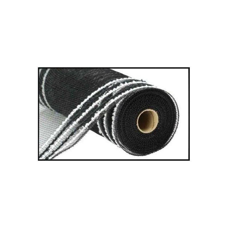 10.5″ Drift Border Mesh Ribbon: Black/White (10 Yards)
