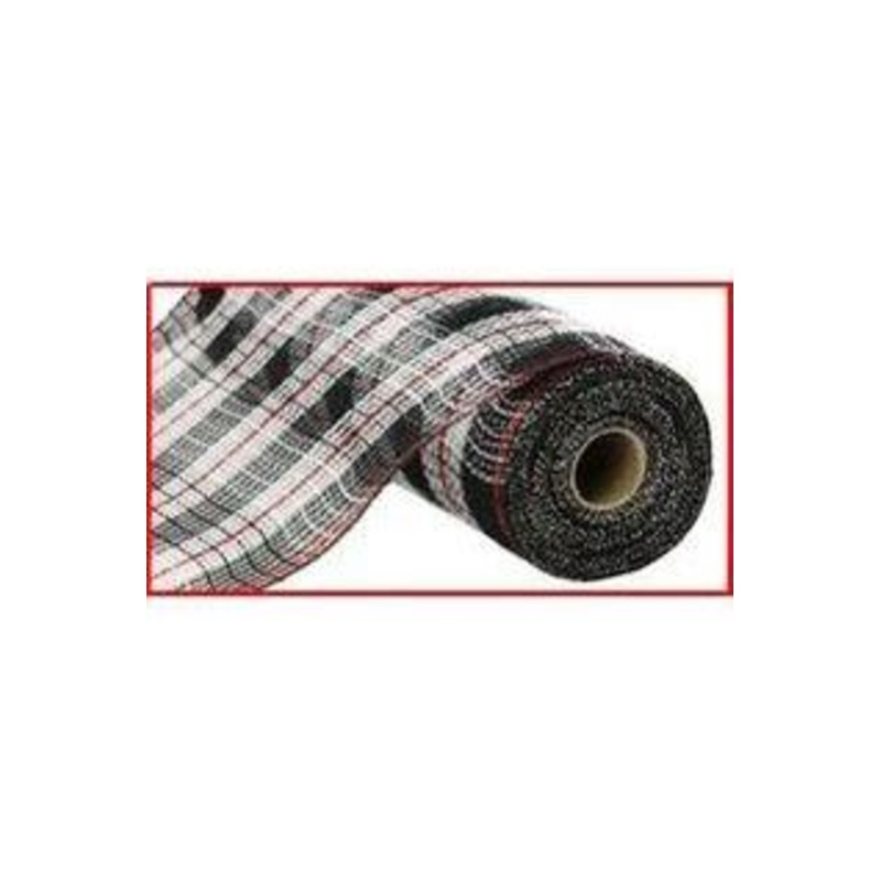 10.5″ Faux Jute Check Foil Mesh Ribbon: Black/Red (10 Yards)