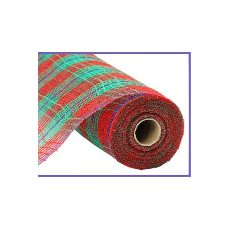 10.5″ Faux Jute Check Foil Mesh Ribbon: Red/Green (10 Yards)