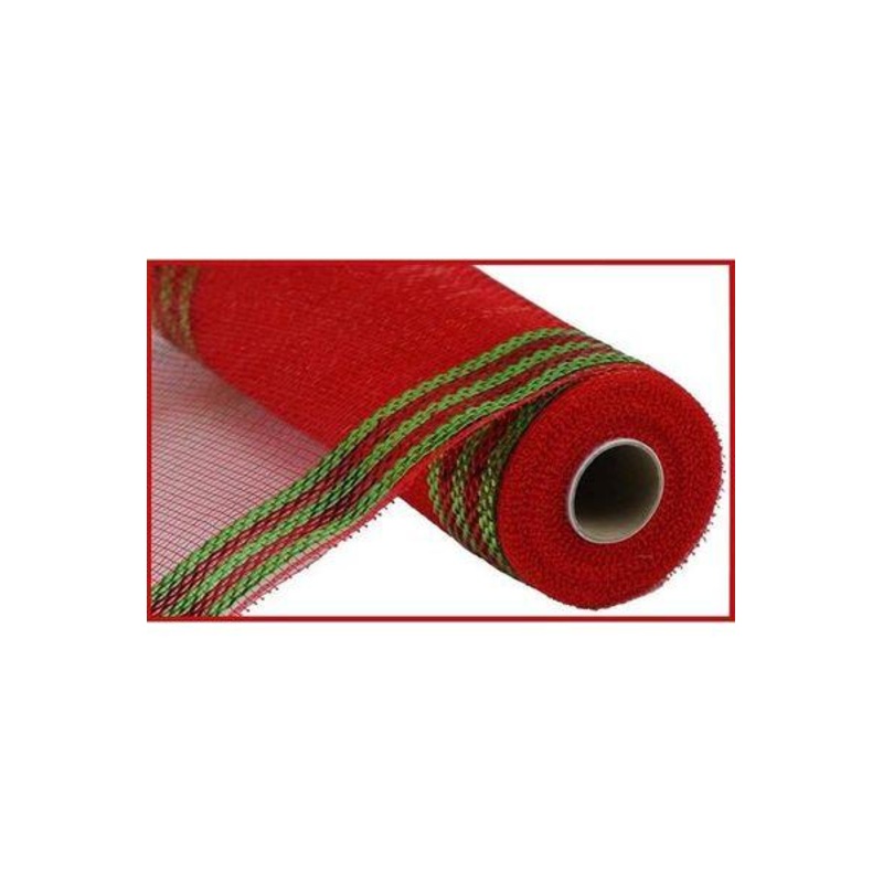 10″ Border Stripe Metallic Mesh Ribbon: Red/Lime Green (10 Yards)